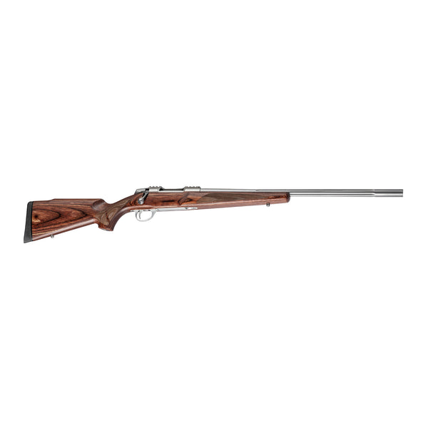 A Sako 90 Varmint bolt-action rifle with a free-floating heavy stainless steel barrel, birch-laminate wood stock, and raised Monte Carlo comb.