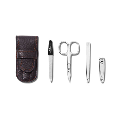 Nickleplated Personal Grooming Set with Leather Travel Holder - Dark Brown