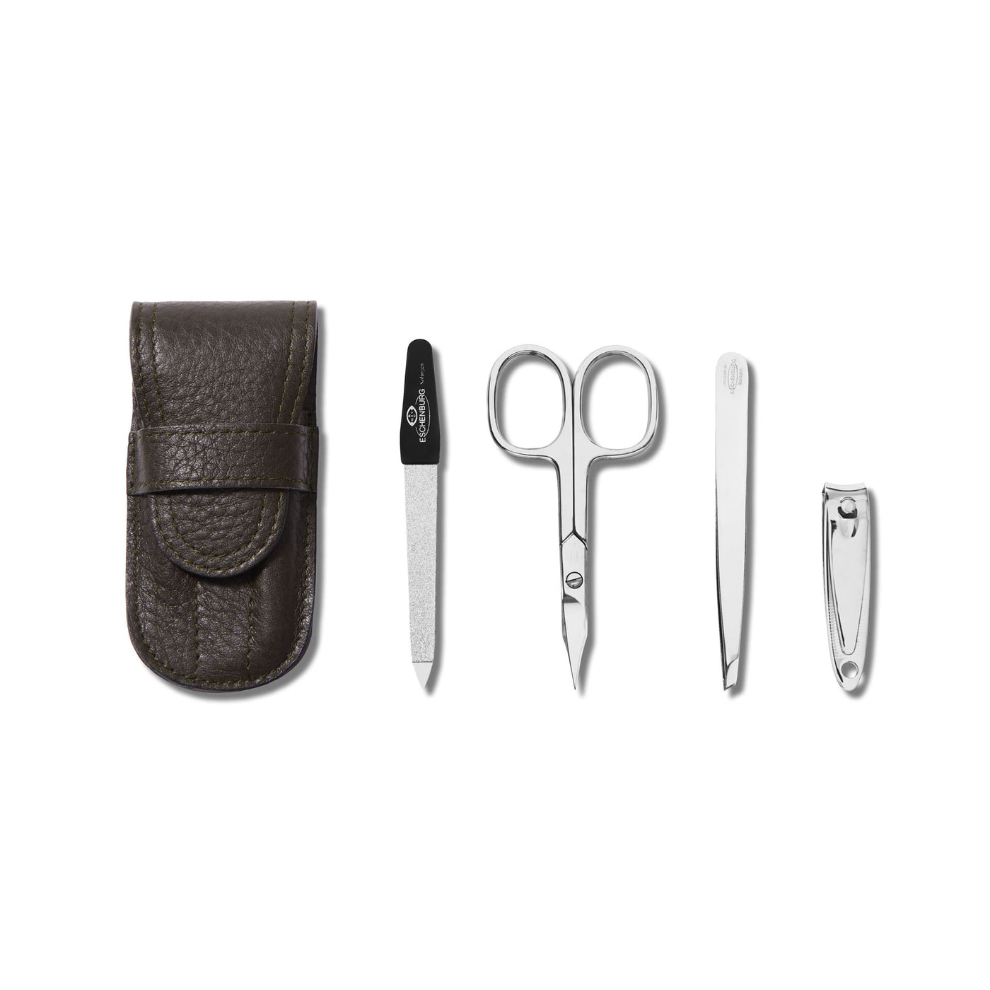 Nickleplated Personal Grooming Set with Leather Travel Holder - Olive