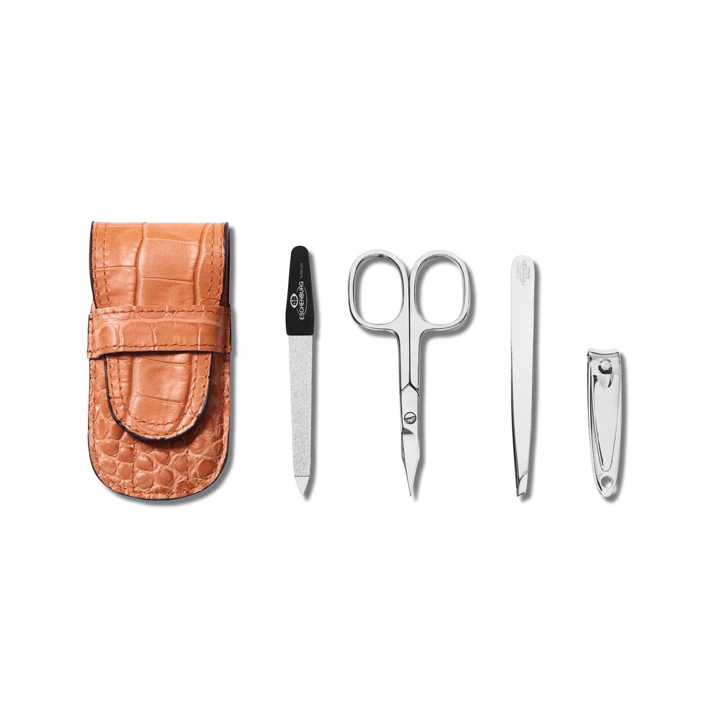 Nickleplated Personal Grooming Set with Leather Travel Holder - Orange