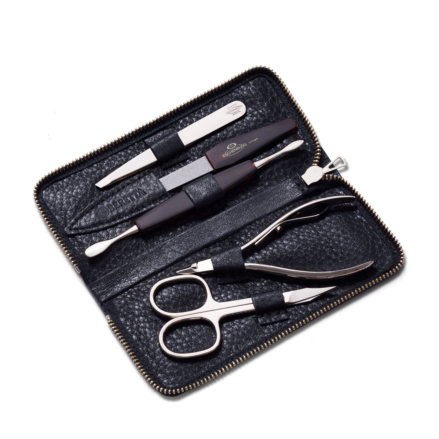 Nickleplated Personal Grooming Set with Leather Travel Holder - Black