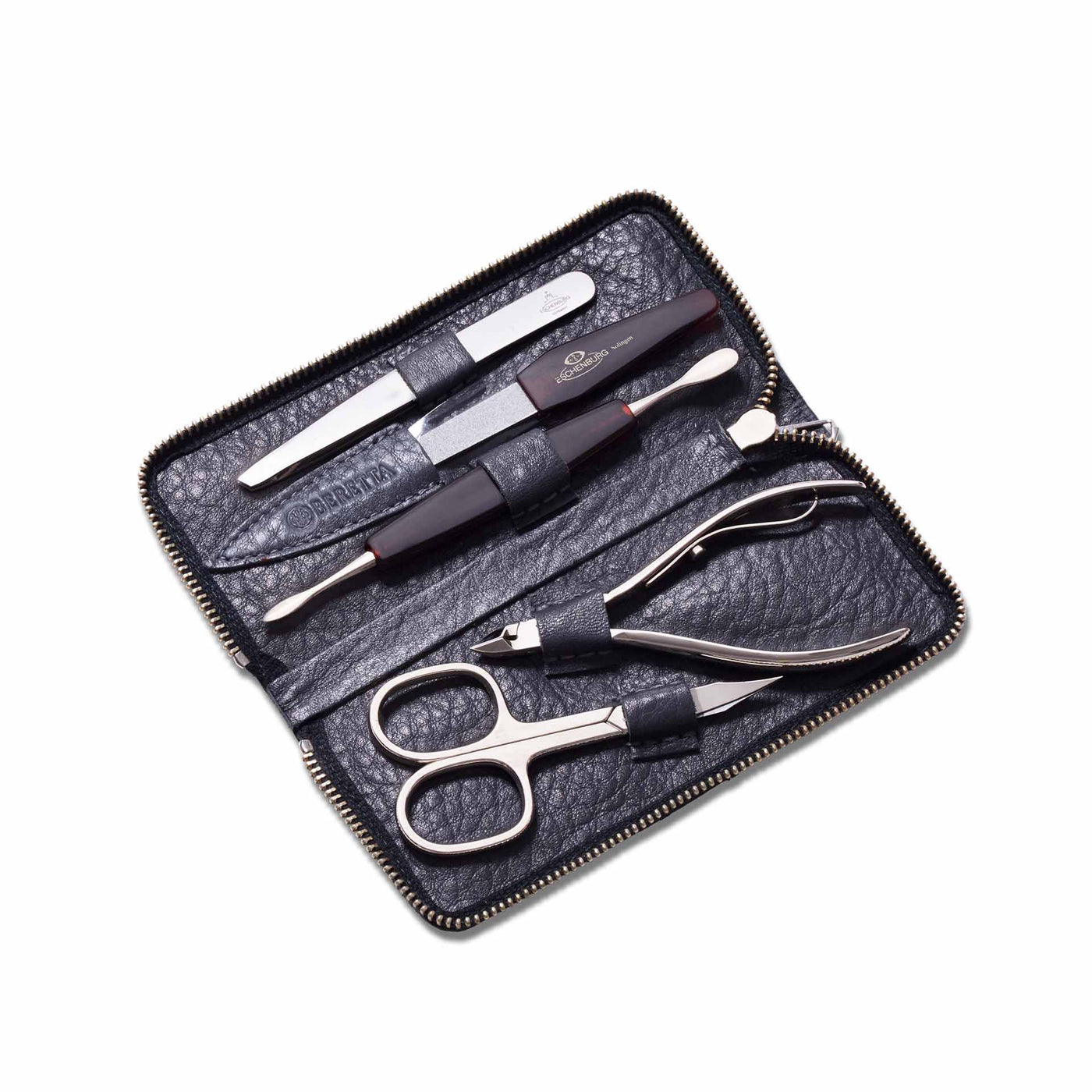 Nickleplated Personal Grooming Set with Leather Travel Holder - Grey