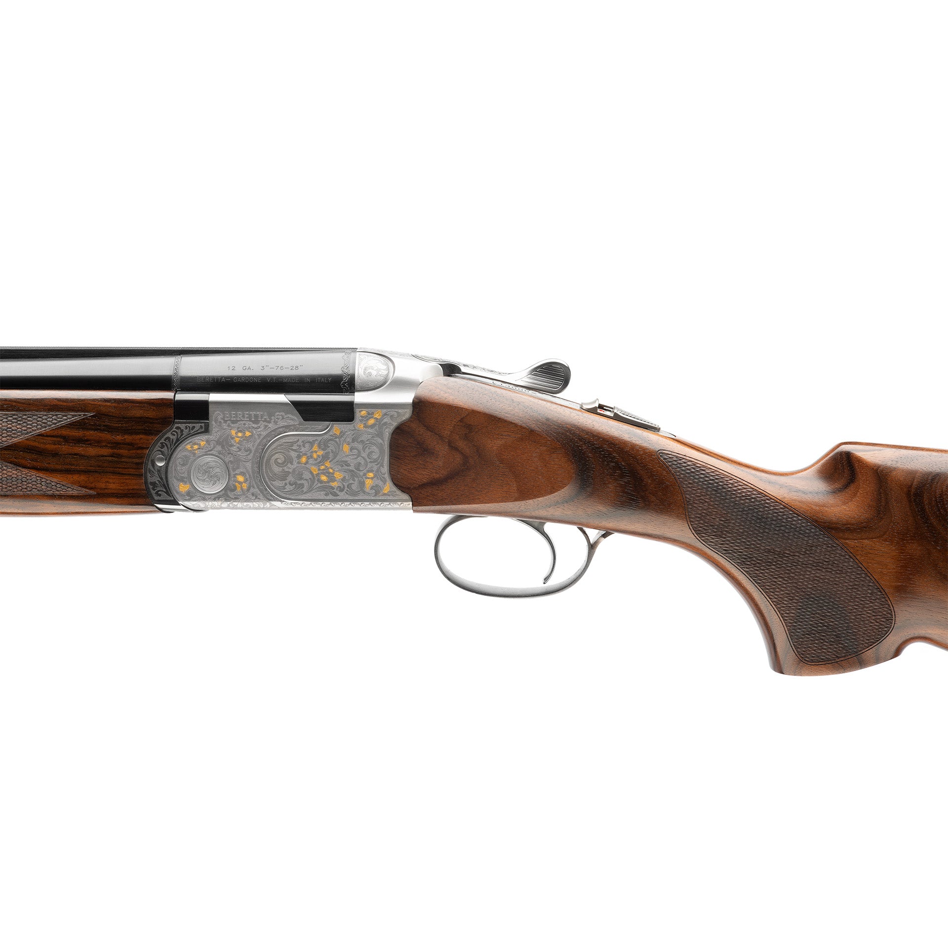 Close-up side view of a double-barrel shotgun with a polished wood stock, engraved metal receiver, and silver trigger guard, shown against a plain white background.
