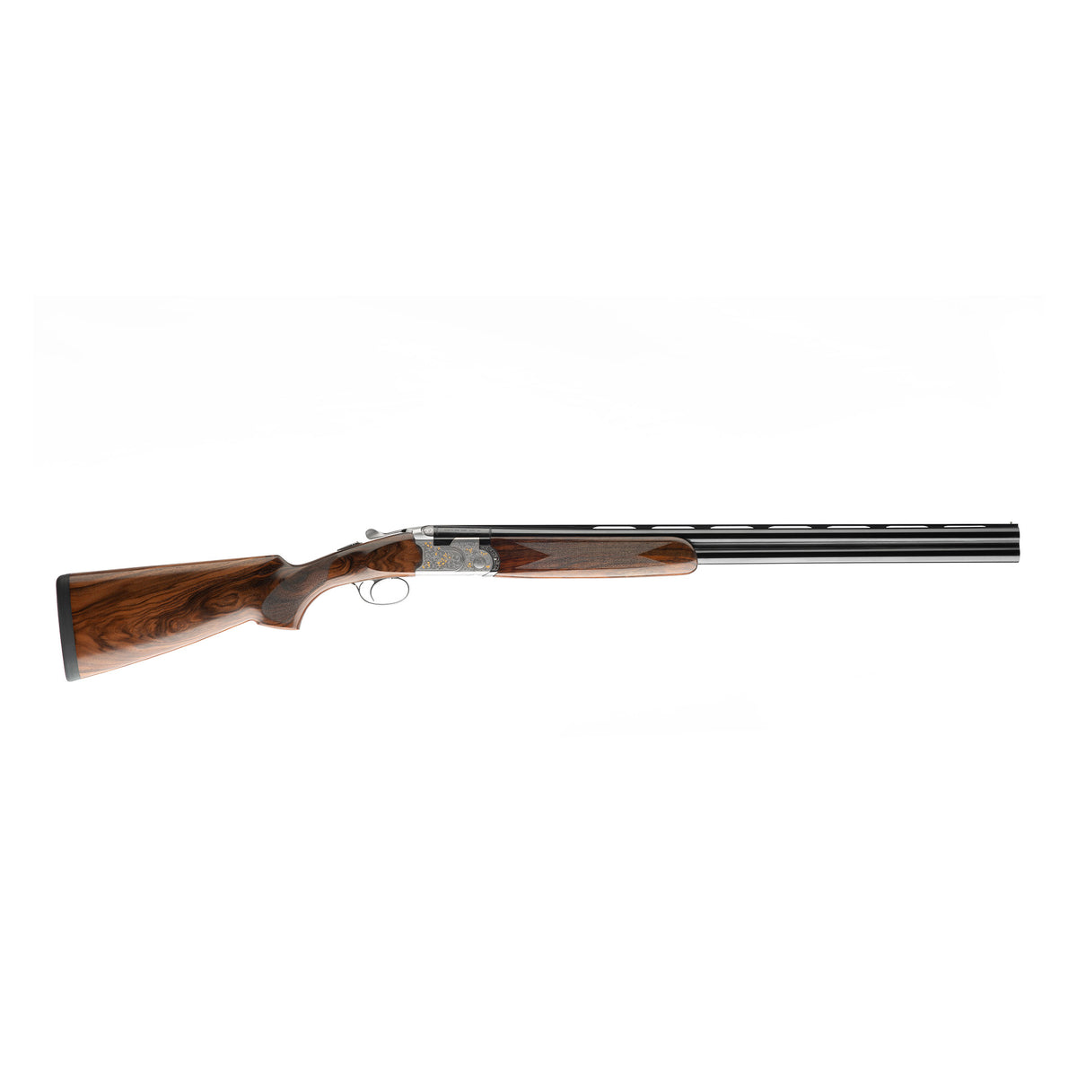 A double-barrel shotgun with a polished brown wooden stock and foregrip, and a black metal barrel, shown in profile against a solid white background.
