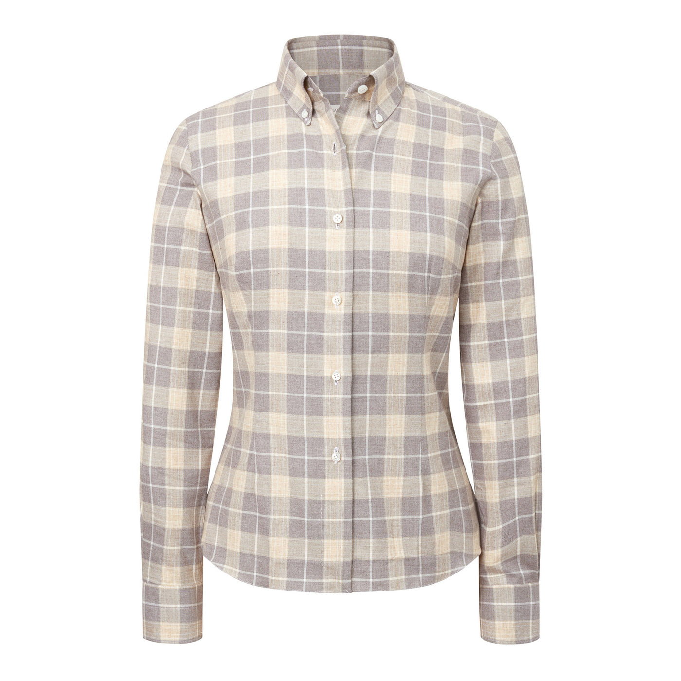 Women's Italian Brushed Cotton Check Shirt - Tan Brown White