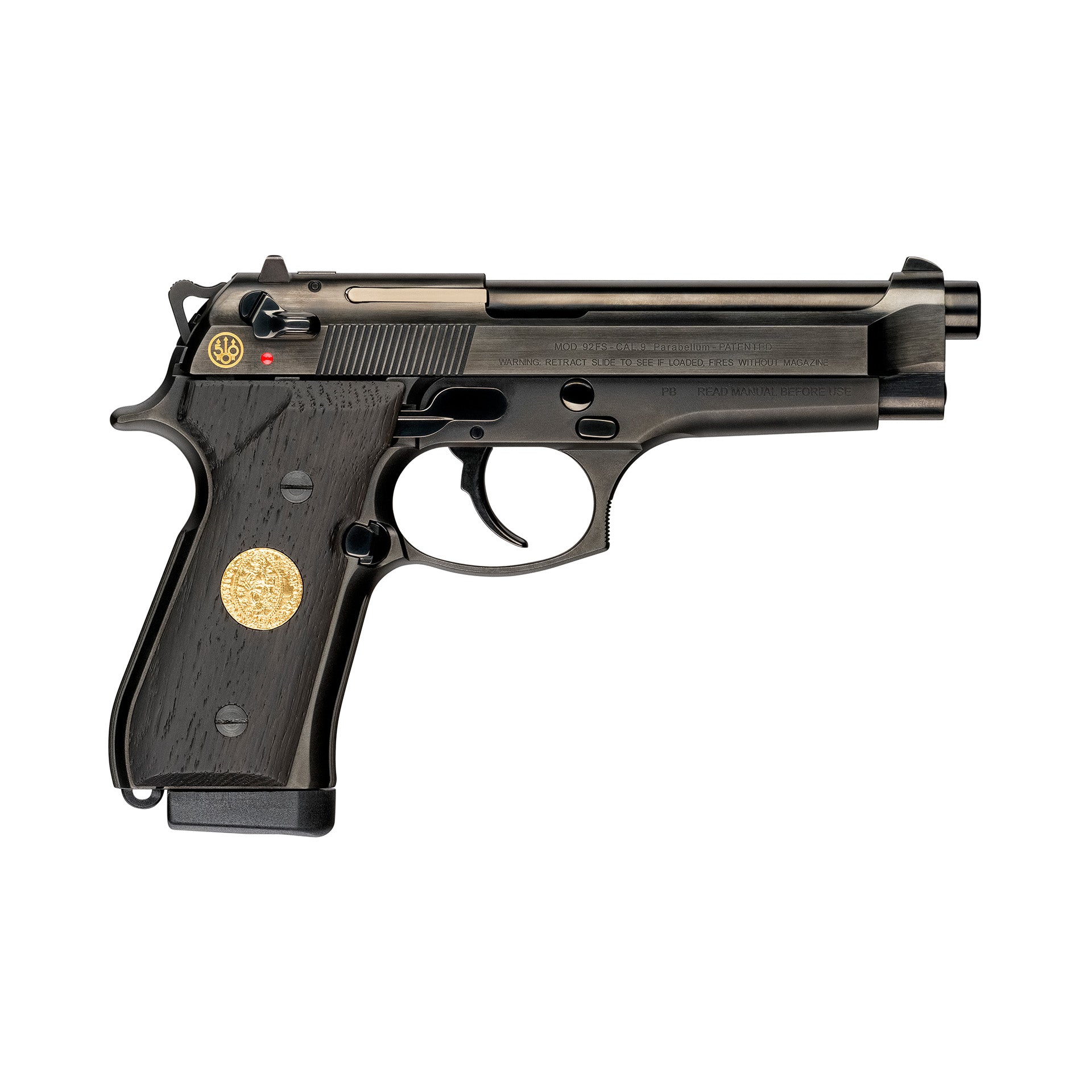 Beretta 92FS Ducato 500 Years limited-edition pistol with DLC finish, oak grips and gold coin inserts