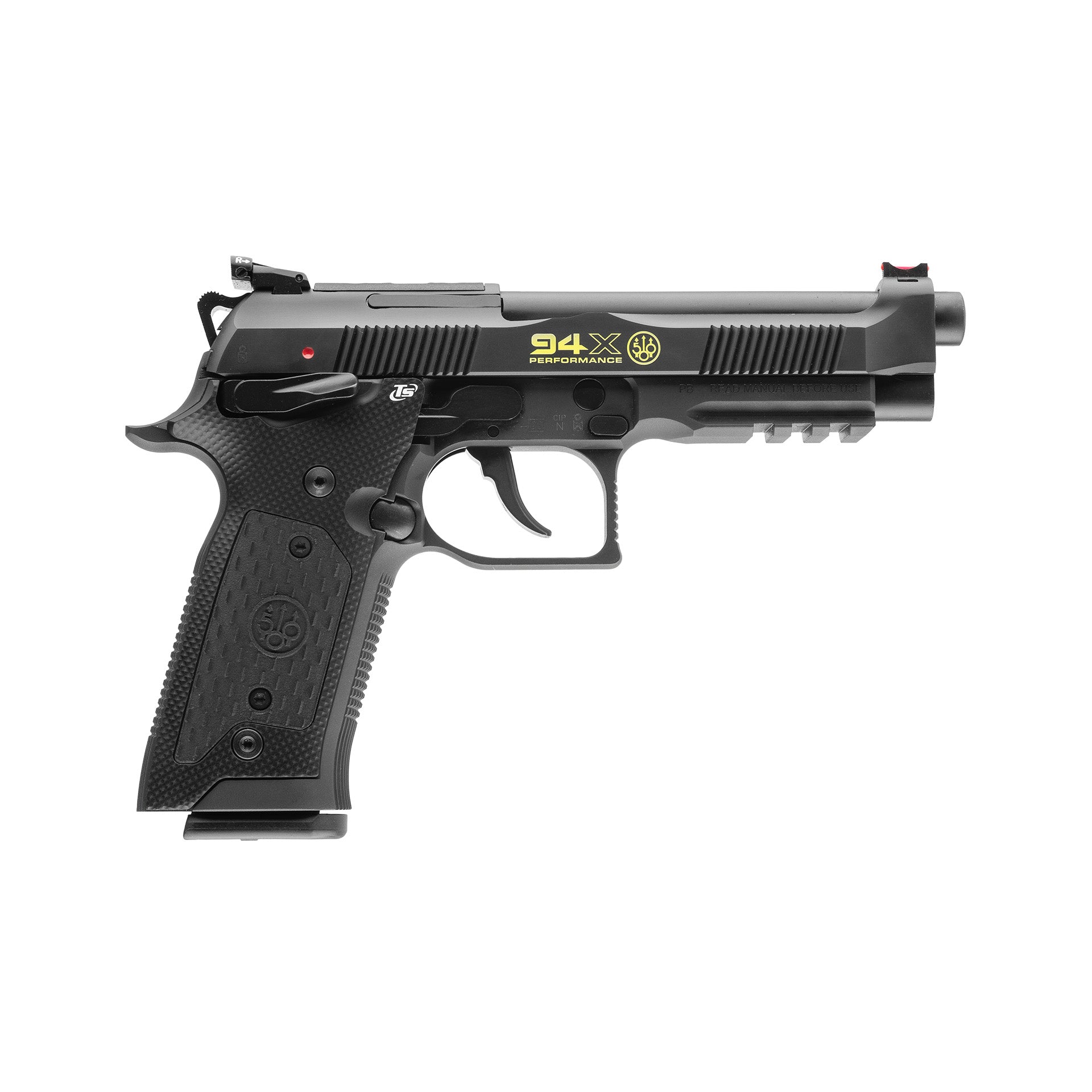 Beretta 94X Performance Launch Edition pistol with black DLC finish and acid-green accents