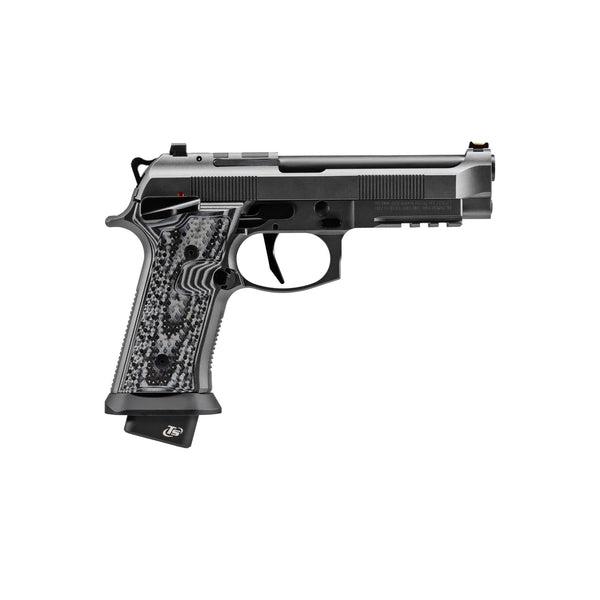 A black Beretta 92XI SQUALO handgun with a textured grip and fiber optic front sight.