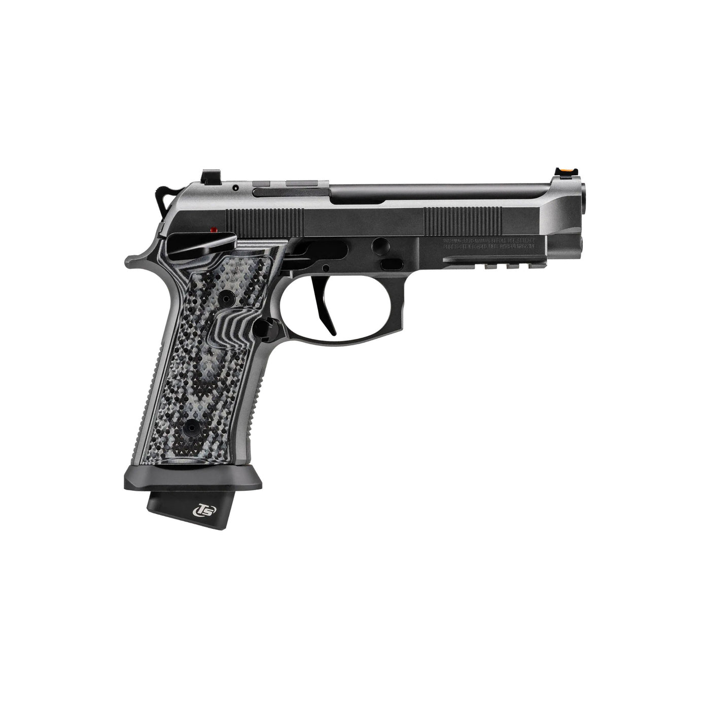 A black Beretta 92XI SQUALO handgun with a textured grip and fiber optic front sight.
