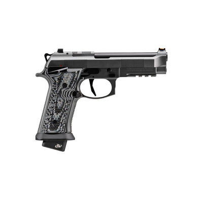 A black Beretta 92XI SQUALO handgun with a textured grip and fiber optic front sight.