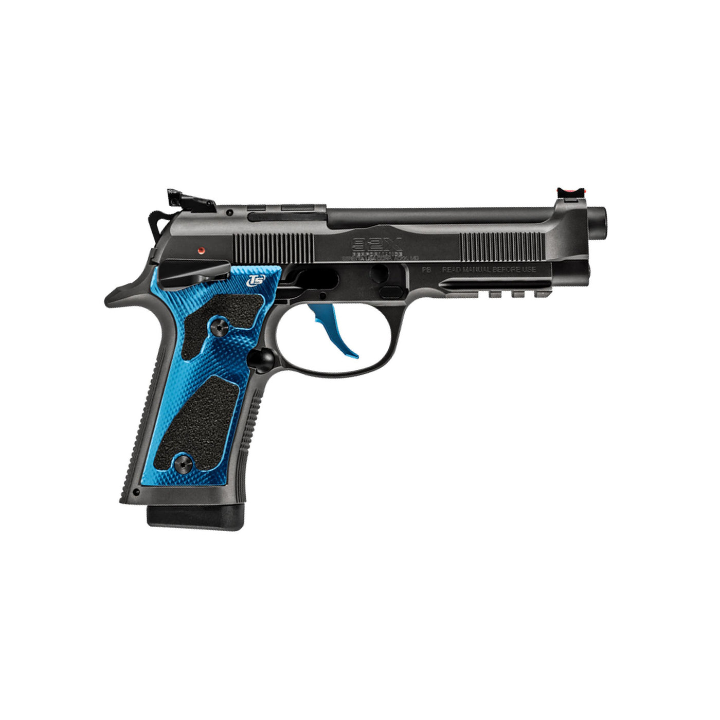 Handgun with blue grips on a white background