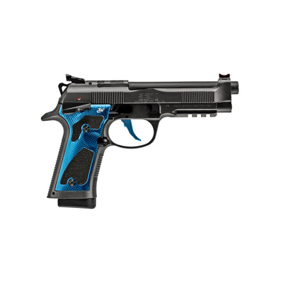 Handgun with blue grips on a white background