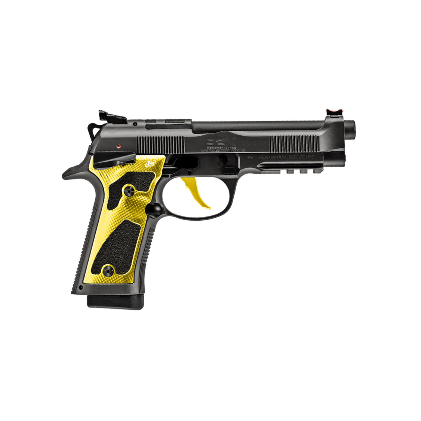 Handgun with black and gold design on a white background
