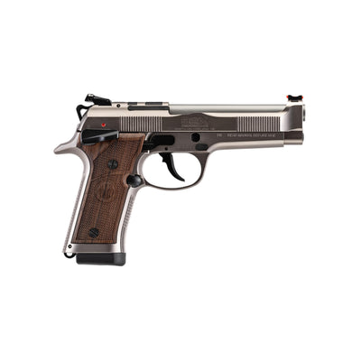 Handgun with brown grip and silver metal on a white background