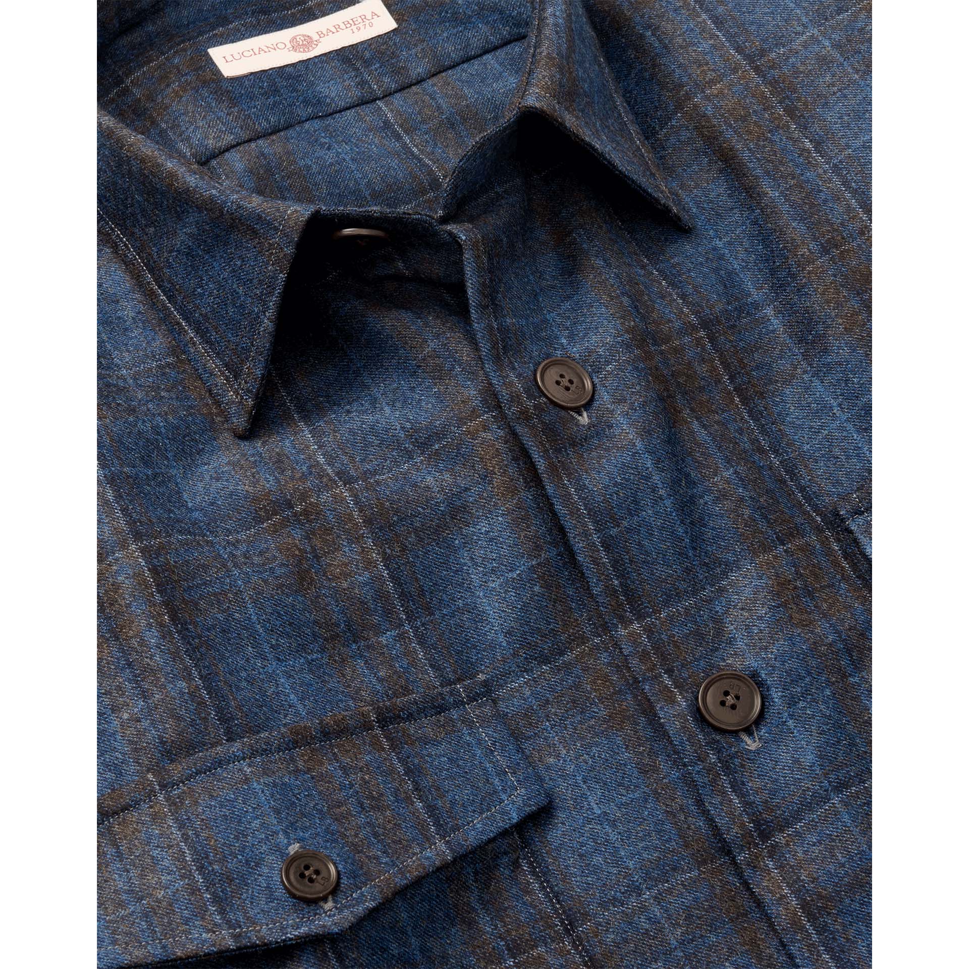 LUCIANO BARBERA Italian Wool Check Overshirt - Brown Blue
