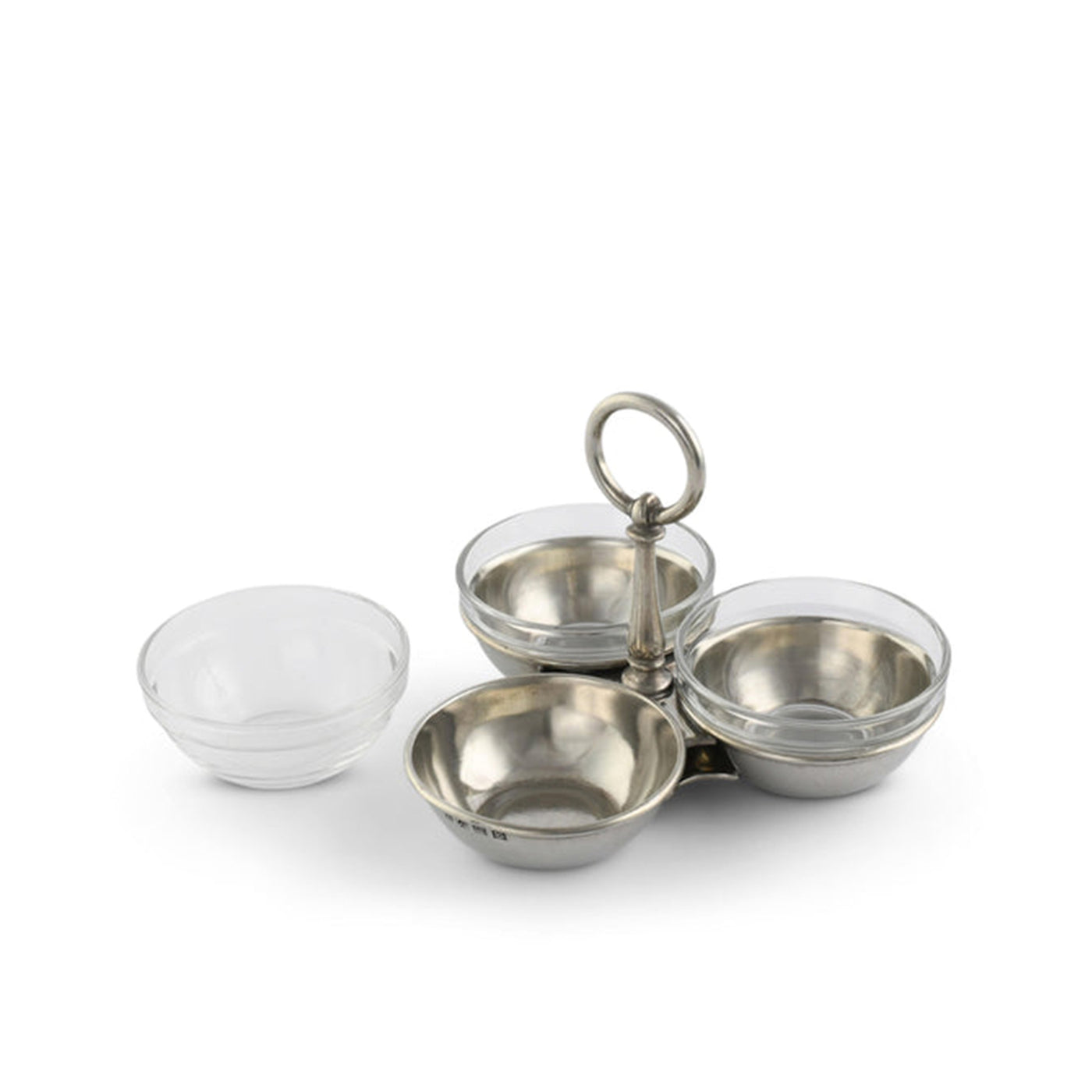 Set of silver and glass condiment bowls on a white background