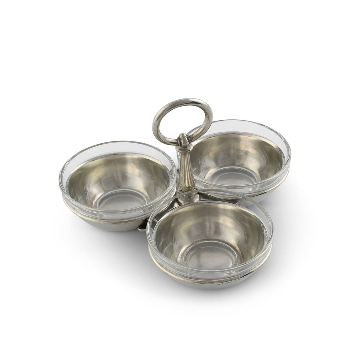 Metallic three-compartment dish holder on a white background