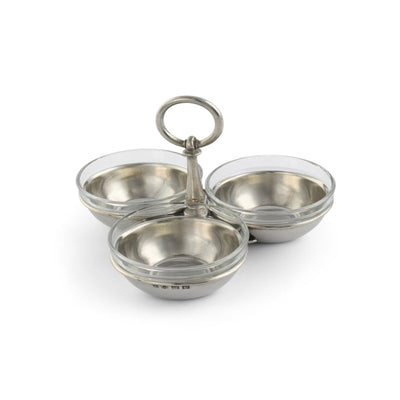 Three-tiered metal bowl set on a white background