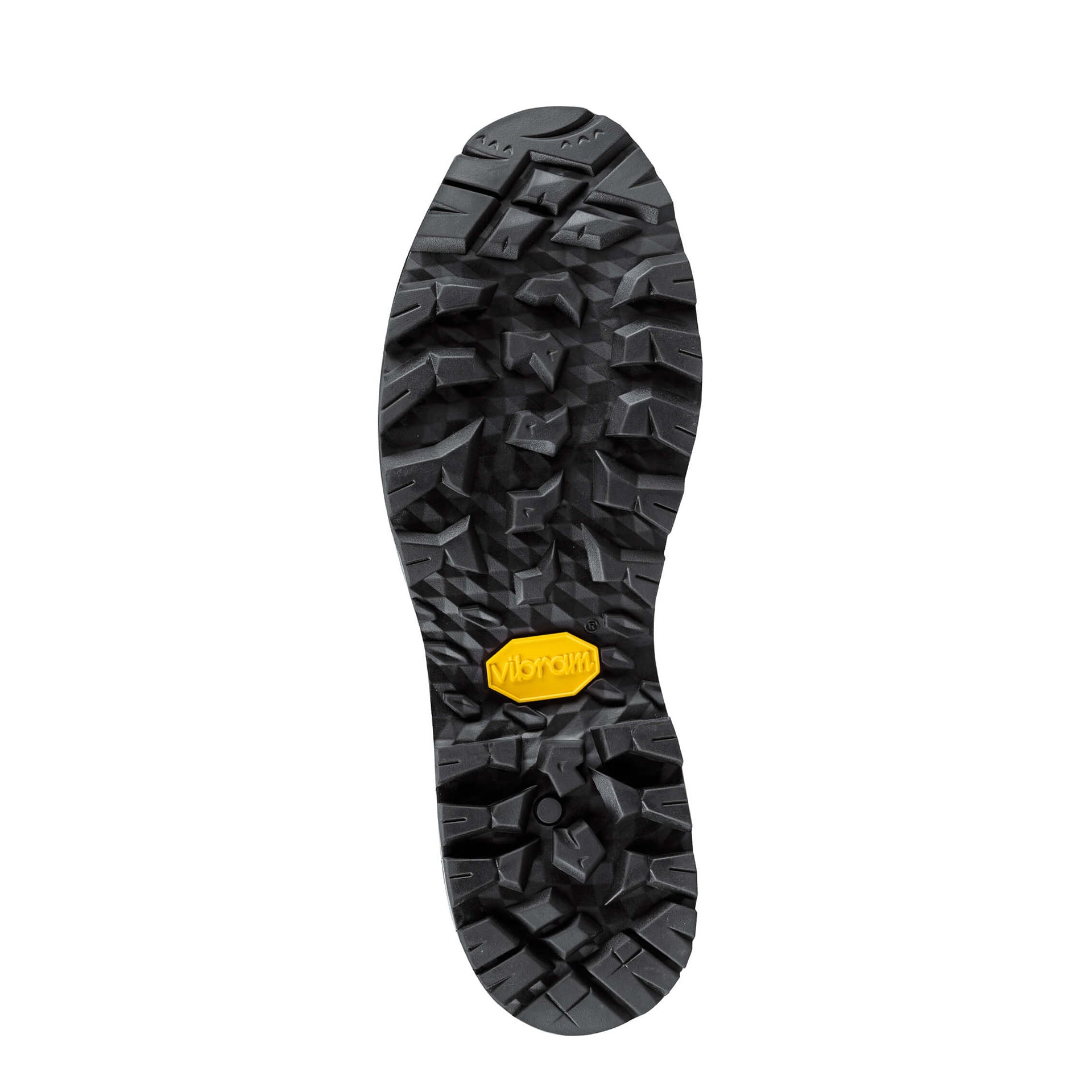 Close-up of a black rubber sole with a yellow brand logo on a white background