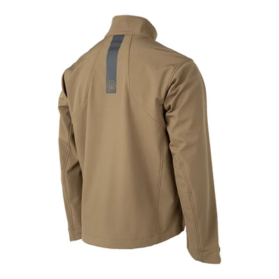 Brown jacket with a visible brand logo on the back against a white background
