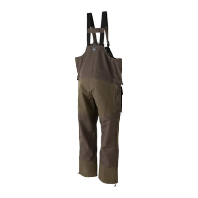 Brown bib overalls with suspenders on a white background