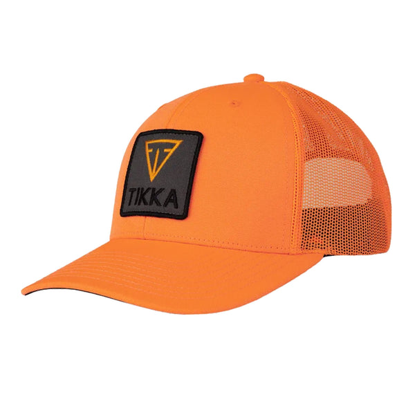 A Blaze Orange Tikka Patch Trucker Hat with an adjustable snapback and a pre-curved visor.