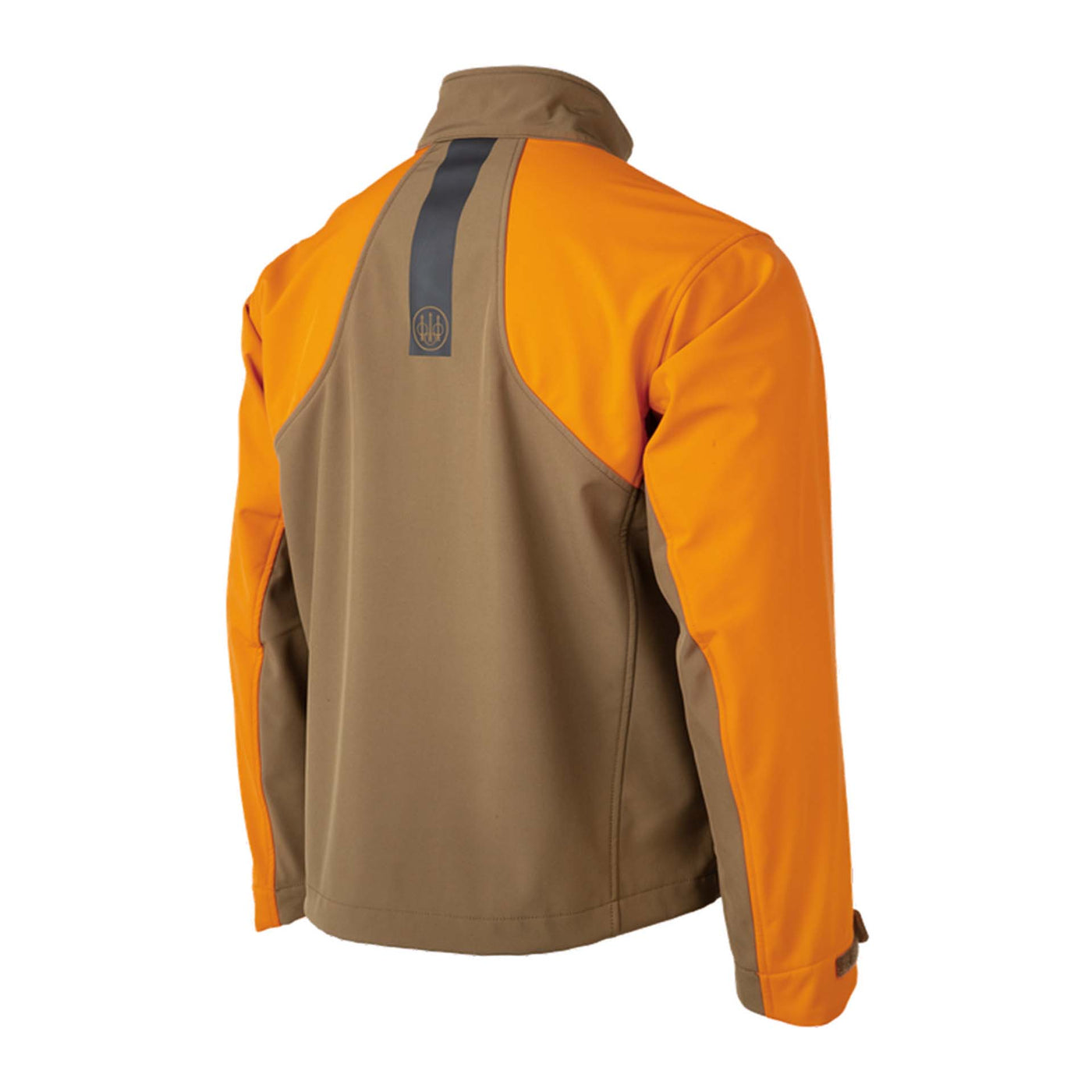 Two-tone orange and brown jacket with a brand logo on a white background