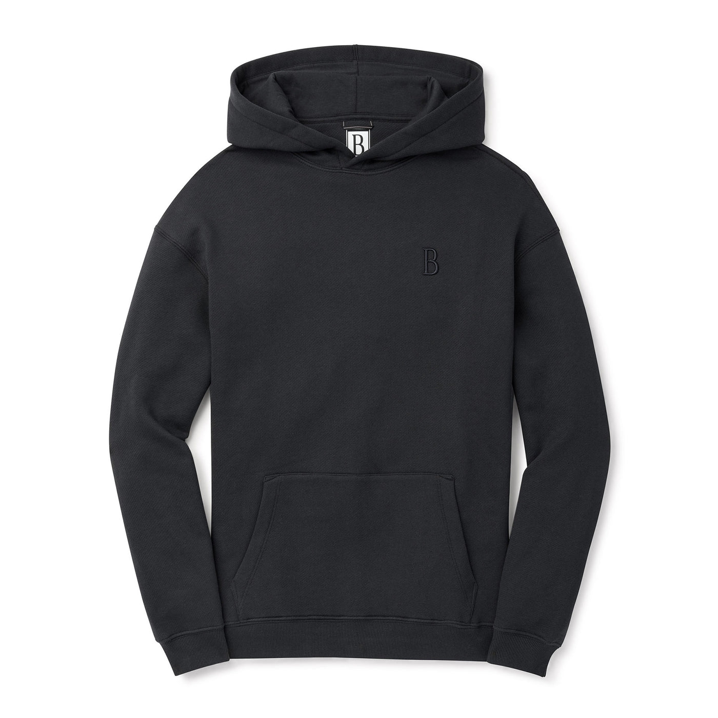 A black hoodie with the 'Big B' logo on the chest, a front kangaroo pocket, and a hood without drawstrings.
