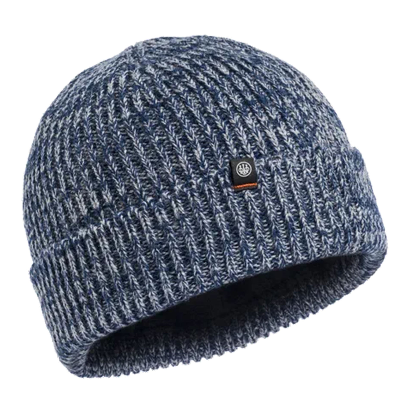 A knitted Marten beanie in blue and grey with the Beretta logo on the side.