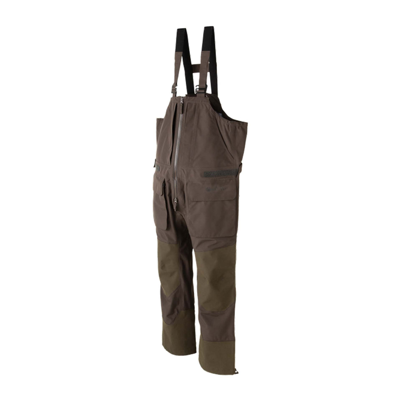 Brown bib overalls with suspenders on a white background