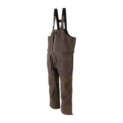 Brown bib overalls with suspenders on a white background