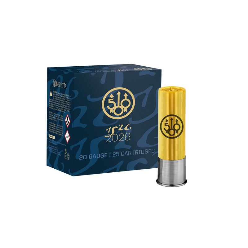 A single yellow and silver shotgun shell stands next to its blue branded box on a plain white background. The box reads 'TJ26 2026' and '20 GAUGE | 25 CARTRIDGES,' and the shell has a matching circular logo printed on it.