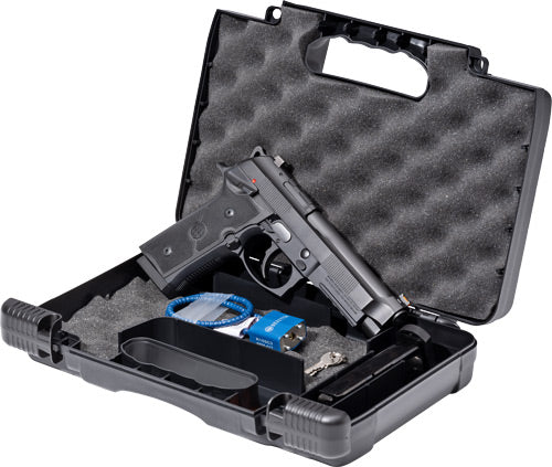 Beretta 92gts full size 9mm pistol in black color with a 4.7-inch barrel, displayed in an open black case with foam lining.