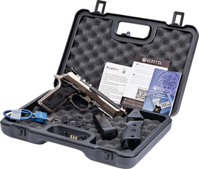 Beretta 92x Performance Carry pistol in a black case with a fiber optic front sight, 3-slot pic rail, and stainless steel construction.