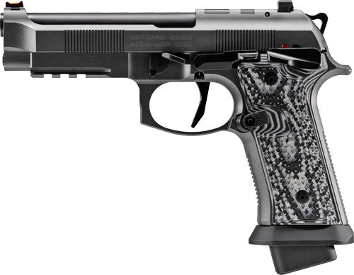 Beretta 92xi sao squalo 9mm pistol with rail, featuring a black and gray color scheme, fiber optic front sight, and checkered grip.