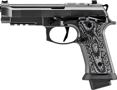 Beretta 92xi sao squalo 9mm pistol with rail, featuring a black and gray color scheme, fiber optic front sight, and checkered grip.