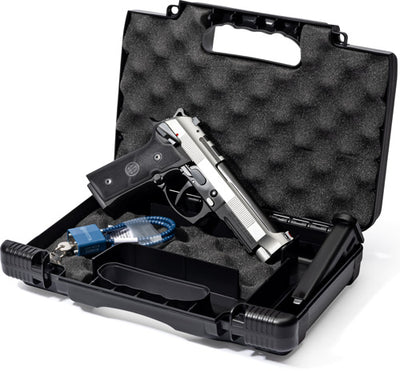 Beretta 92xi sao standard edition 9mm pistol with rail, displayed in an open black case with foam inserts. The pistol is silver and black with a fiber optic front sight, multiple slots on the rail, and an extended magazine release.