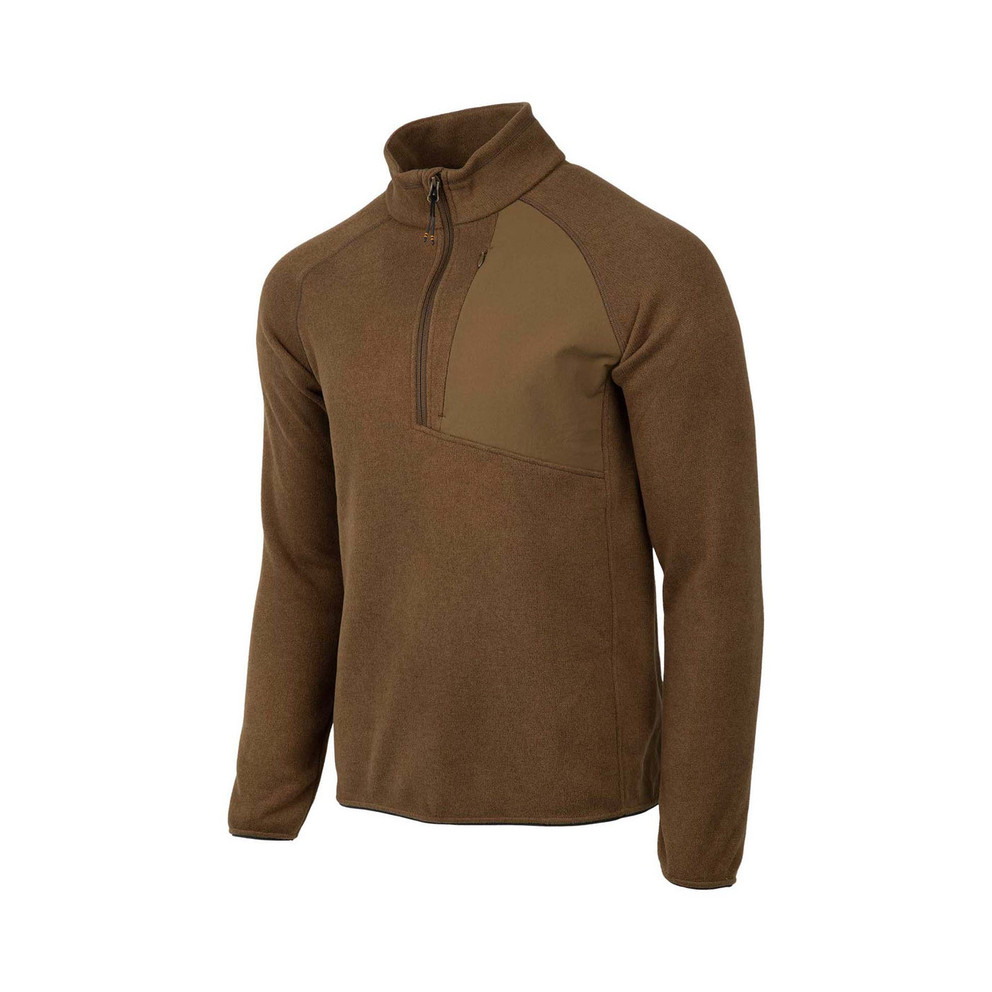 A brown Abisko Half Zip Fleece jacket with a mock neckline, central zip front, and elasticated bottom.