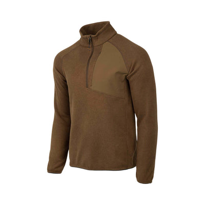 A brown Abisko Half Zip Fleece jacket with a mock neckline, central zip front, and elasticated bottom.