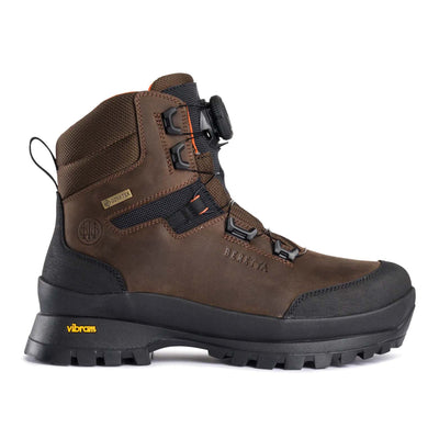 A brown, lace-up, waterproof boot with a Vibram sole, designed for outdoor activities.