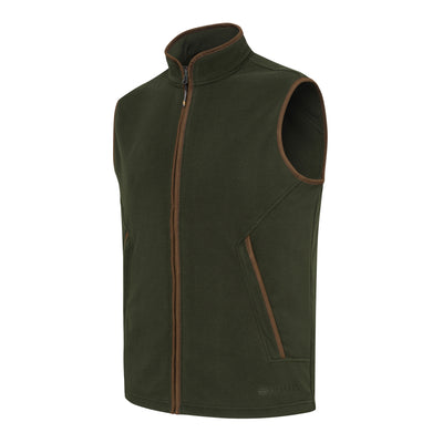 Men's British green thermal vest with soft microfibre edging, central YKK zip, side pockets with YKK zip, and an adjustable drawstring hem. Embroidered with Beretta logo on the front.