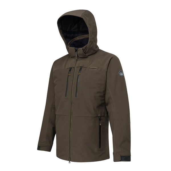 A green moss-colored Beretta hunting jacket with a hood, featuring multiple zippered pockets and a high-visibility Beretta logo on the left sleeve.