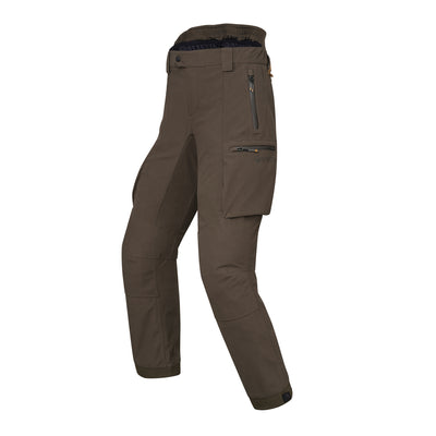 A pair of green moss colored Beretta hunting trousers with multiple pockets and a rubber logo on the back.