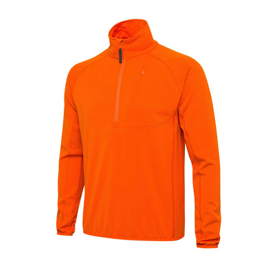 Orange long-sleeved men's thermal fleece with a half zipper and a logo on the back
