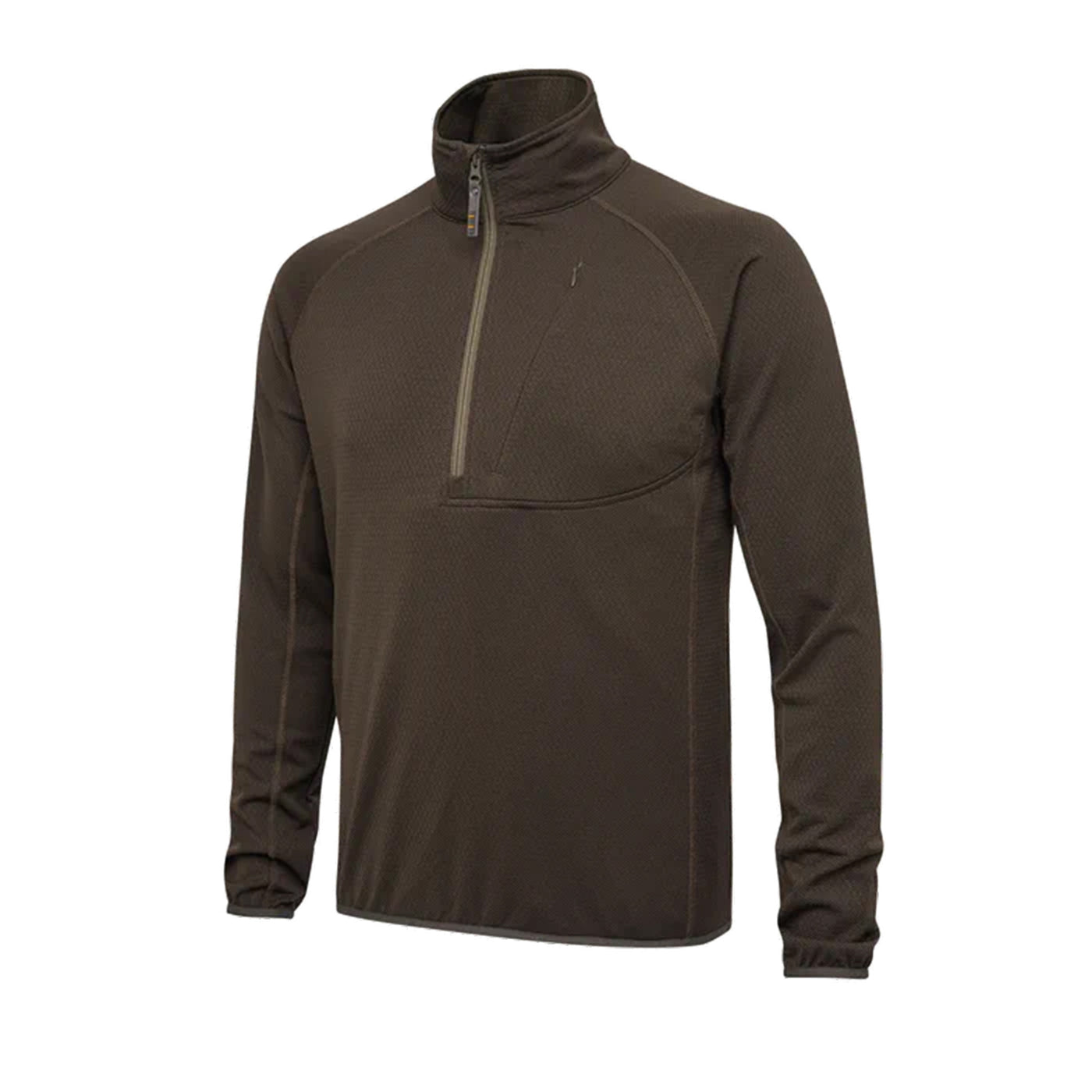 A green moss colored ceramic face fleece zip-neck garment with a central YKK half-zip and front pocket with YKK zip, designed for men.