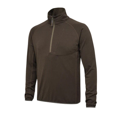 A green moss colored ceramic face fleece zip-neck garment with a central YKK half-zip and front pocket with YKK zip, designed for men.