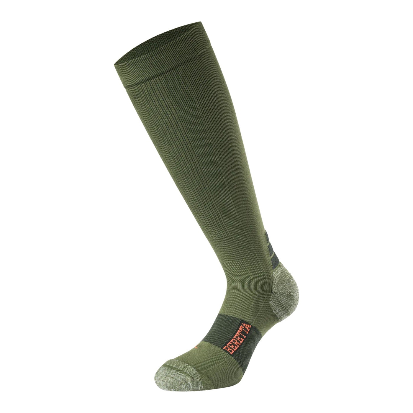 A green compression sock designed for hunting, with reinforced toe and heel areas, and elasticated foot arch support.