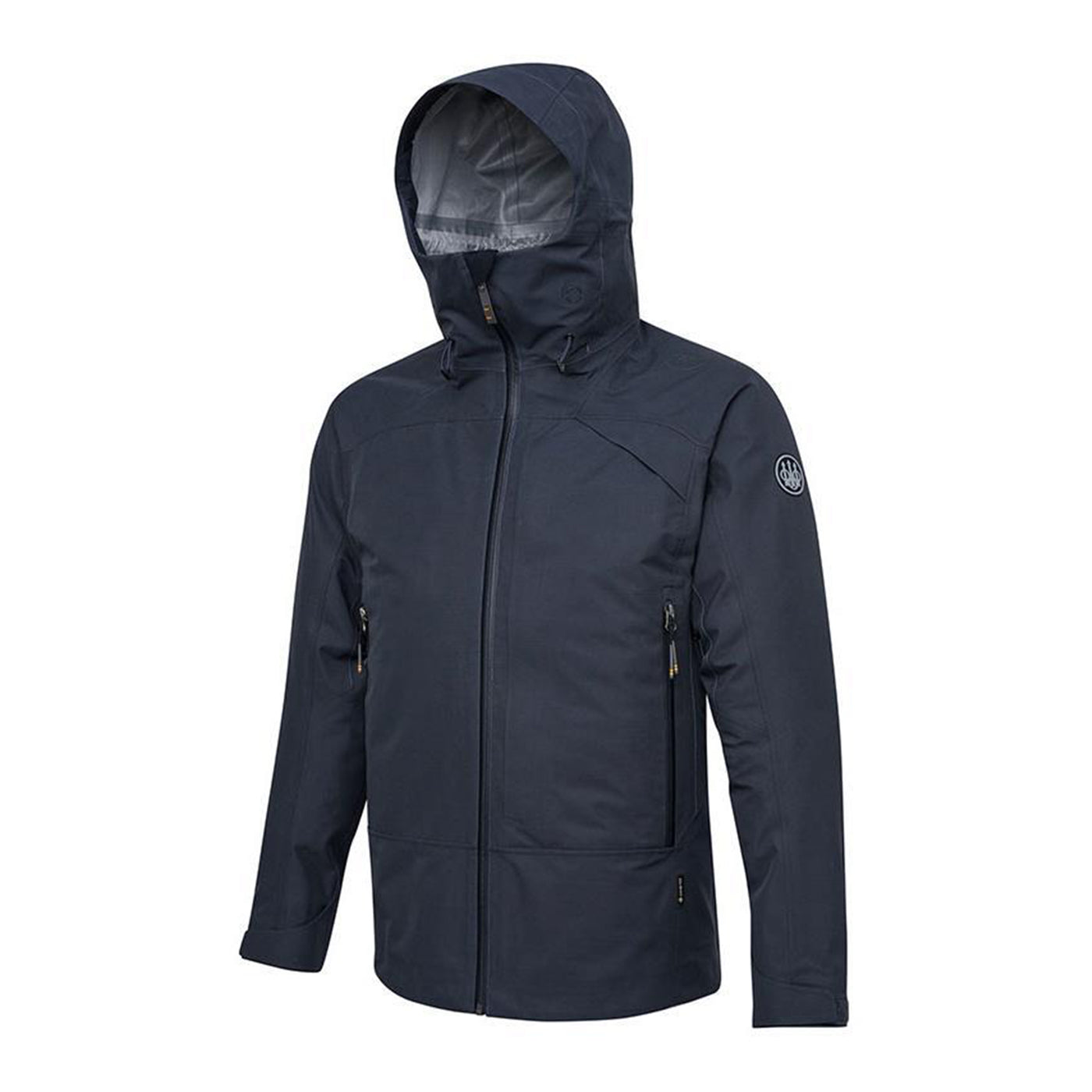 A navy Dall 3L GTX jacket with a pre-formed fixed hood, YKK zipper closures, side pockets, and an internal pocket, designed for adverse weather conditions.