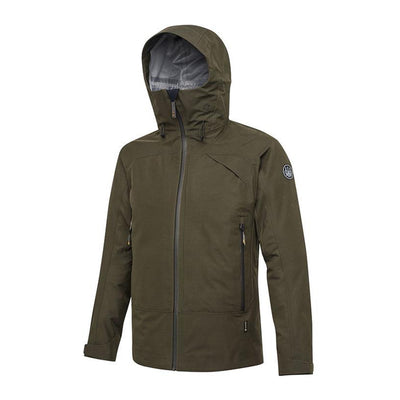 A green Beretta 3L GTX jacket with a hood, featuring multiple zippered pockets, a radio pocket, and adjustable wrist straps.