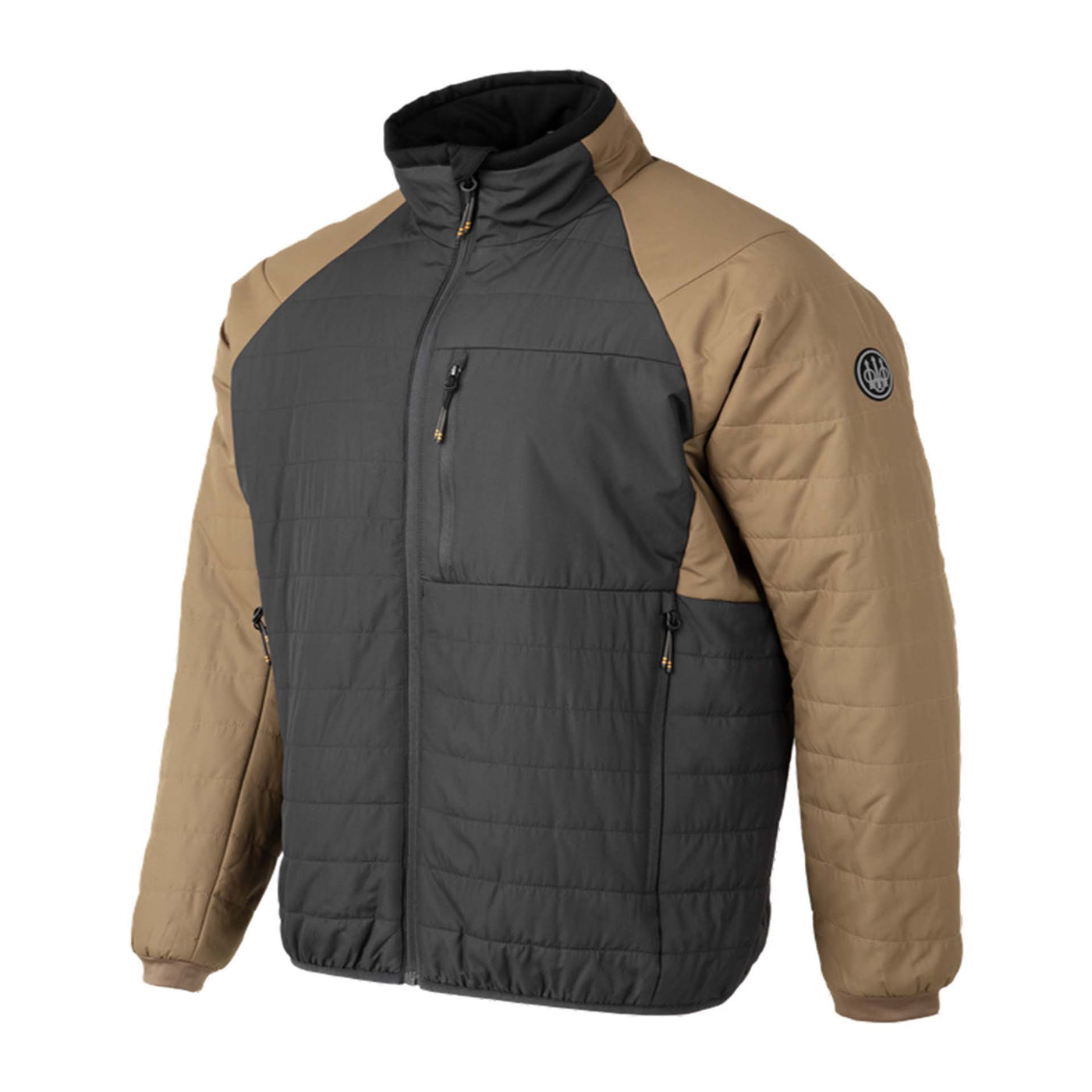 Two-tone jacket with gray and beige sections on a white background